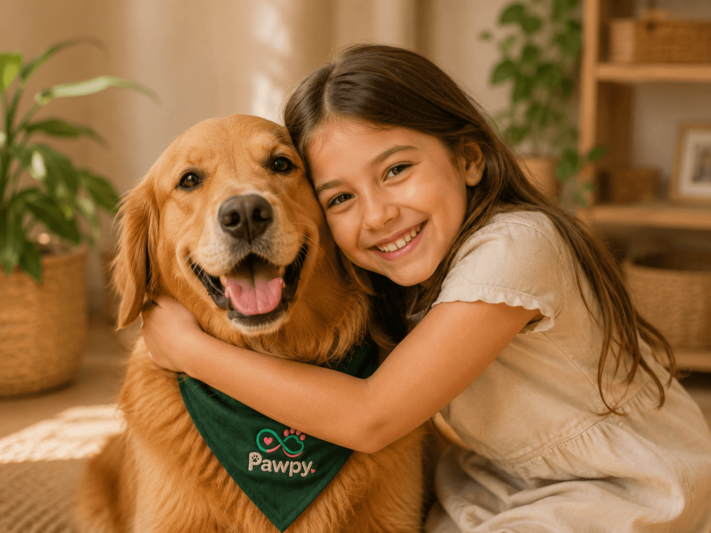 Familia Pawpy abrazando a su mascota